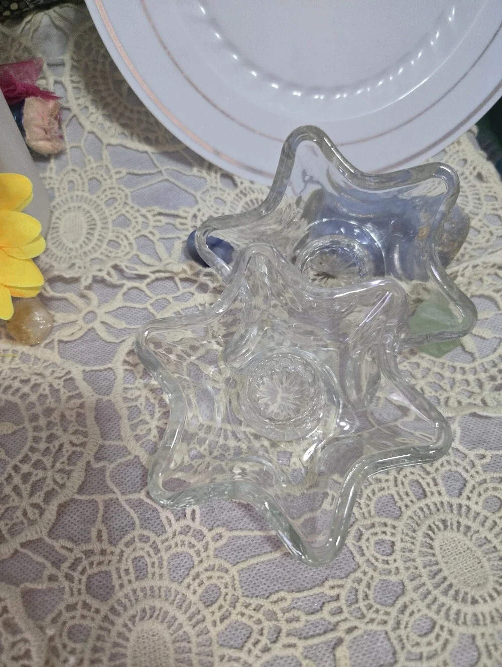 4/$15 Vintage Clear Glass Star Candle Holders Pair Heavy Glass Ring Dish Boho